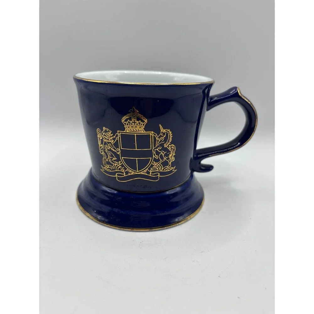 Cobalt Blue Heraldic Crest Shaving Mug Gold Trim Ceramic Scuttle Pedestal Base